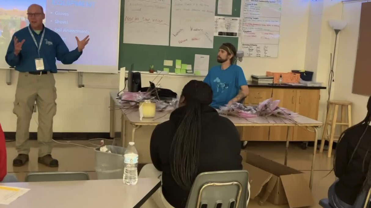 Chris Litzau, Director of Great Lakes Community Conservation Corps, speaking to middle school students about ways they can help the environment and slow climate change.